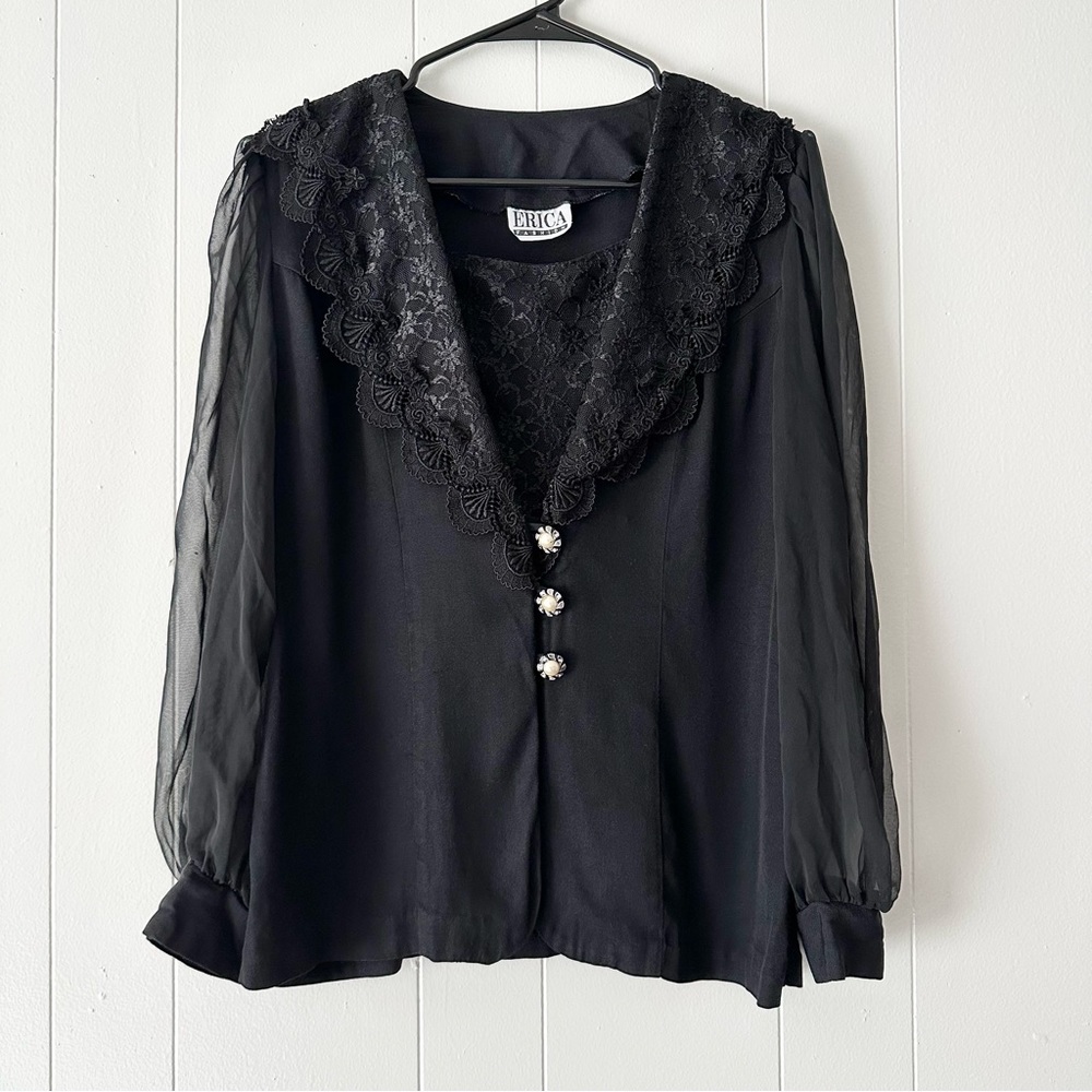 Vintage Erica black laced collar, mesh long sleeve blouse, m/l